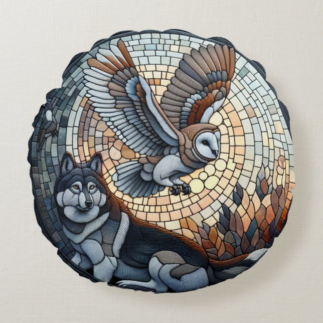 Owl and Wolf Mosaic Nature Ai Art   Round Pillow (Front)