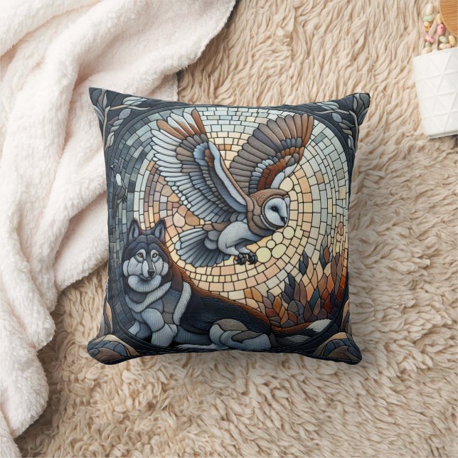 Owl and Wolf Mosaic Nature Ai Art   Throw Pillow (Blanket)