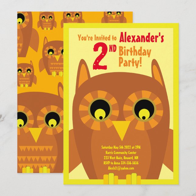 Owl Animal Kid's Birthday Party Invitations (Front/Back)