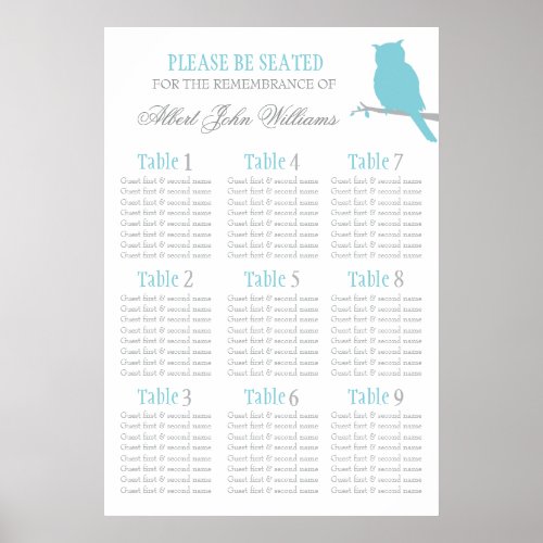 Owl aqua blue grey event seating table plan 1_9 poster
