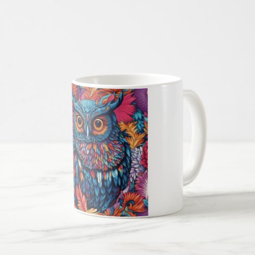 Owl Art Drawing  Blue owl and pink flowers Coffee Mug