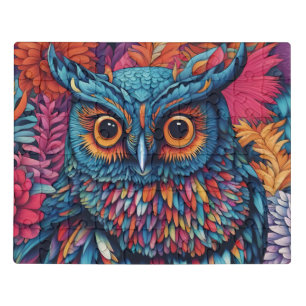 Owl Art Drawing  Blue owl and pink flowers Jigsaw Puzzle