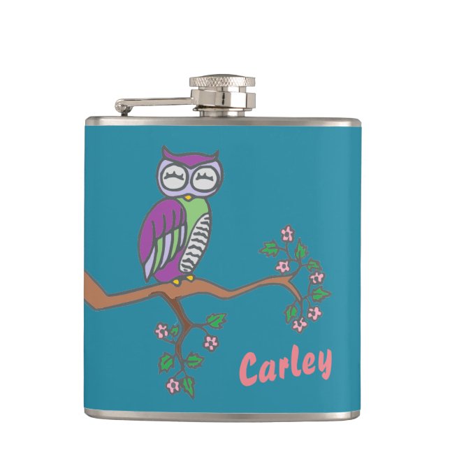 Owl Art Night Blue Personalised Flask (Front)