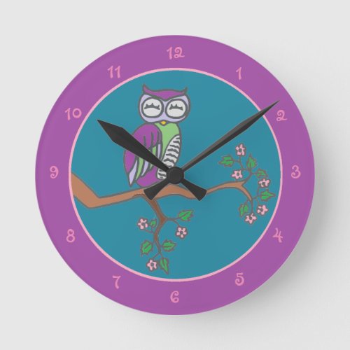 Owl Art Night Blue Round Clock