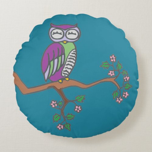 Owl Art Night Blue Round Pillow