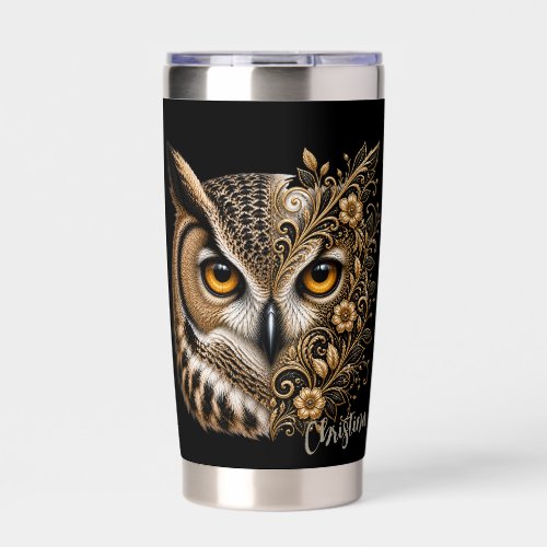 Owl Artwork Tumbler on Black Background