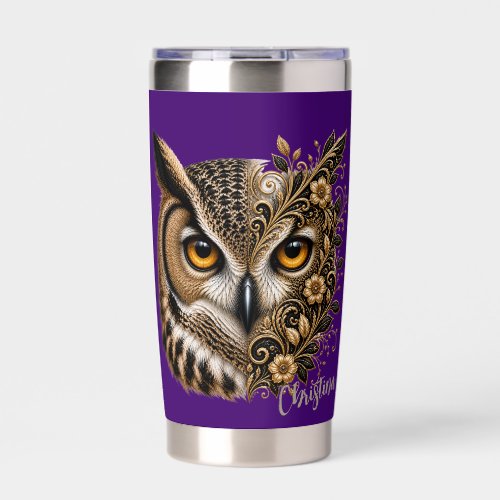 Owl Artwork Tumbler on Purple Background