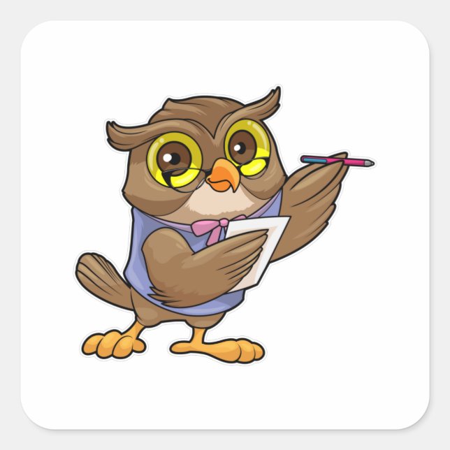 Owl as Secretary with Pen & Note Square Sticker (Front)