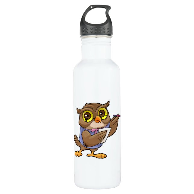 Owl as Secretary with Pen & Note Stainless Steel Water Bottle (Front)