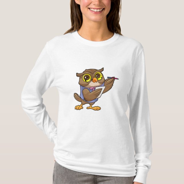 Owl as Secretary with Pen & Note T-Shirt (Front)