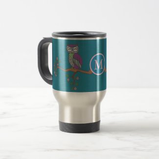 Owl at Night Illustration Monogram Travel Mug