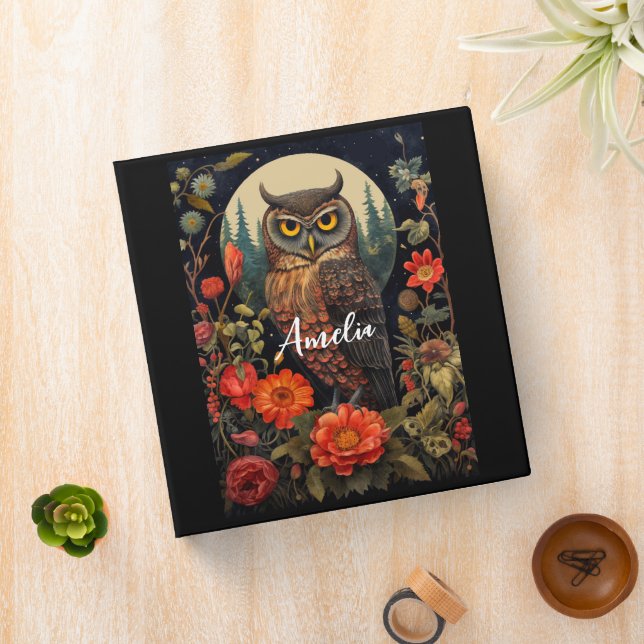 Owl at Night with a Full Moon 3 Ring Binder (In Situ)
