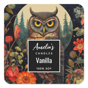 Owl at Night with a Full Moon - Candle Business Square Sticker