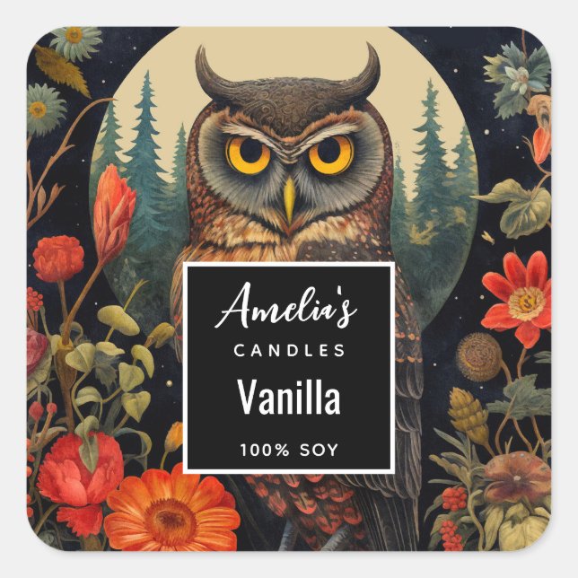 Owl at Night with a Full Moon - Candle Business Square Sticker (Front)