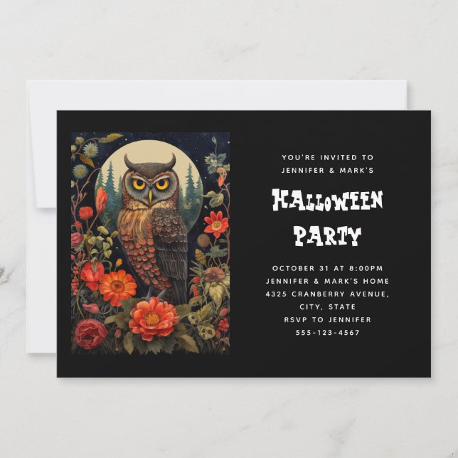 Owl at Night with a Full Moon Halloween Invitation (Front)