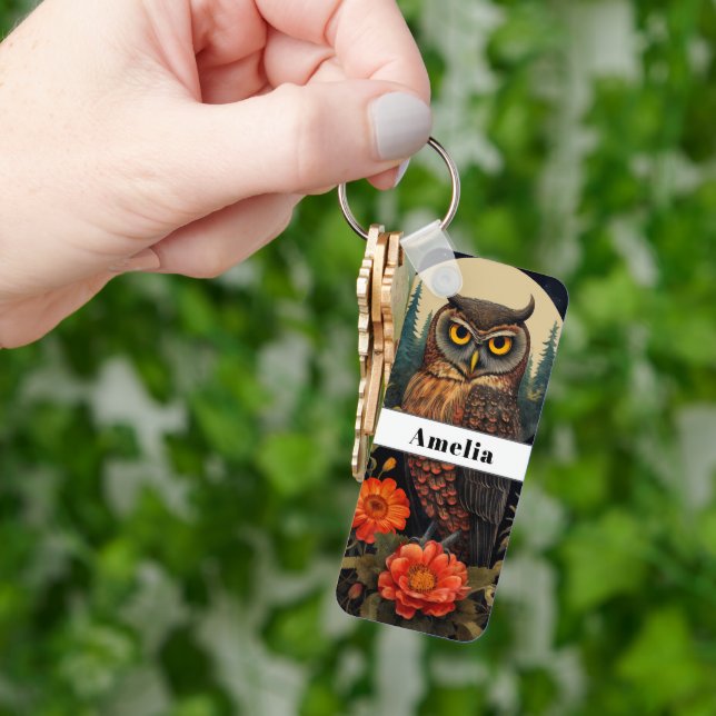 Owl at Night with a Full Moon Keychain (Hand)