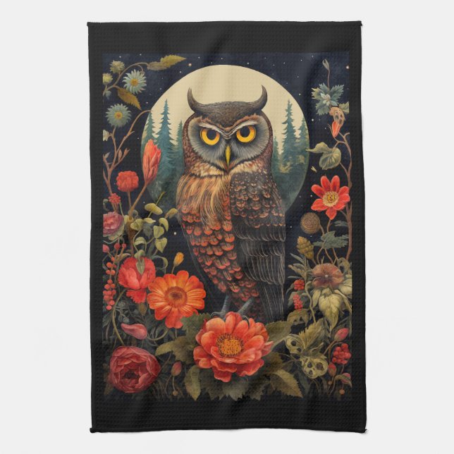 Owl at Night with a Full Moon Kitchen Towel (Vertical)
