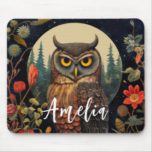 Owl at Night with a Full Moon Mouse Pad