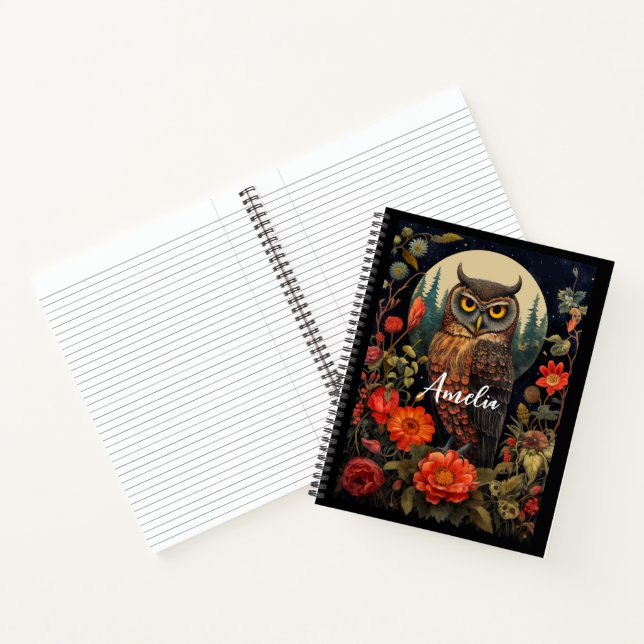 Owl at Night with a Full Moon Notebook (Inside)