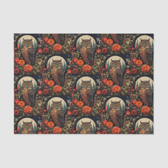 Owl at Night with a Full Moon Pattern Tissue Paper (Front)