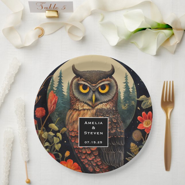 Owl at Night with a Full Moon Pattern Wedding Paper Plates (Wedding)