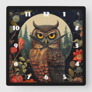 Owl at Night with a Full Moon Square Wall Clock
