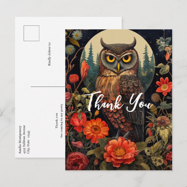 Owl at Night with a Full Moon Thank You Postcard (Front/Back)