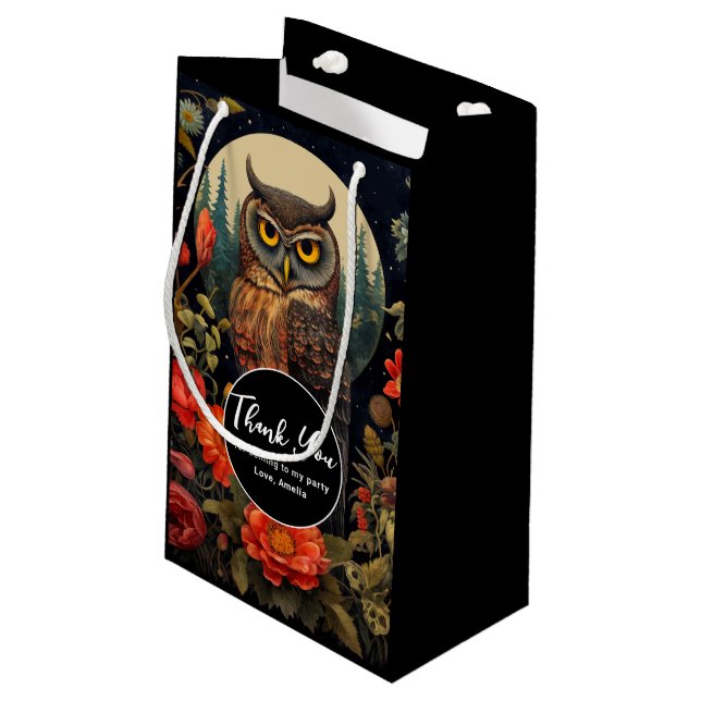 Owl at Night with a Full Moon Thank You Small Gift Bag (Back Angled)