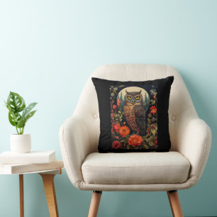 Owl at Night with a Full Moon Throw Pillow