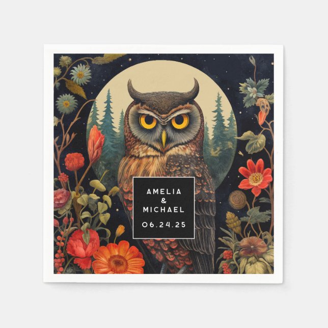 Owl at Night with a Full Moon Wedding Napkins (Front)