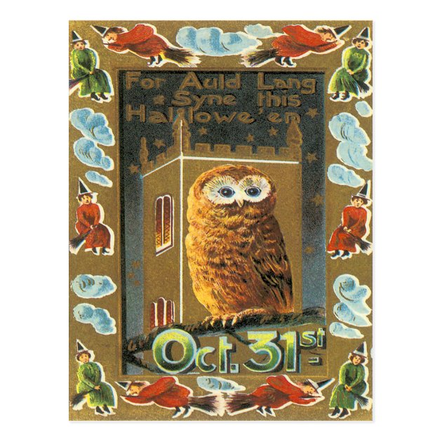 Owl Auld Lang Syne Flying Witch Halloween Postcard