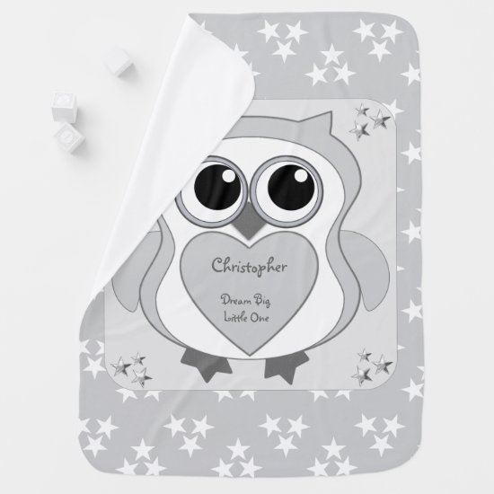 Owl Baby Blanket silver grey and stars Dream Big