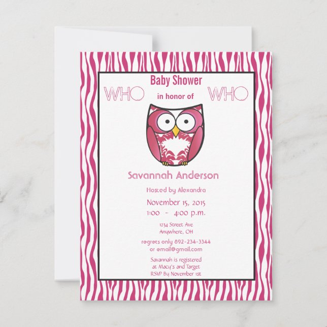 Owl Baby Girl PINK Zebra Stripe Shower Invitation (Front)