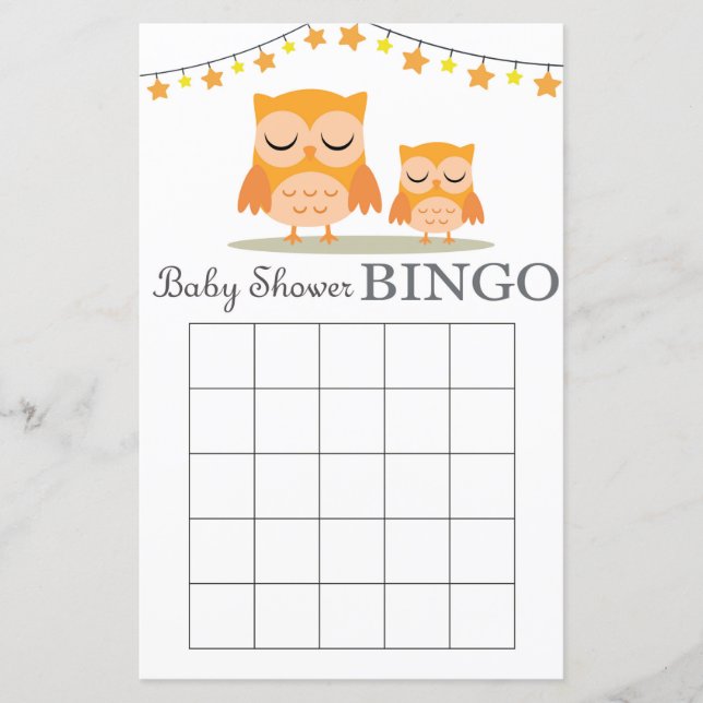 Owl baby shower bingo card (Front)