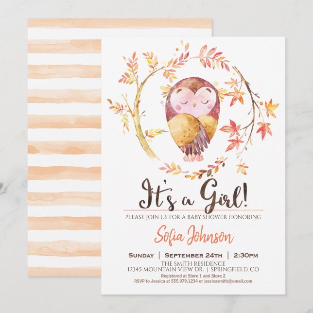 Owl Baby Shower Girl Invitation (Front/Back)
