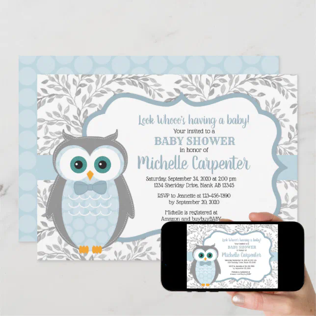 owl baby shower invitation boy blue gray woodland Zazzle