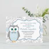 owl baby shower invitation boy blue gray woodland (Standing Front)