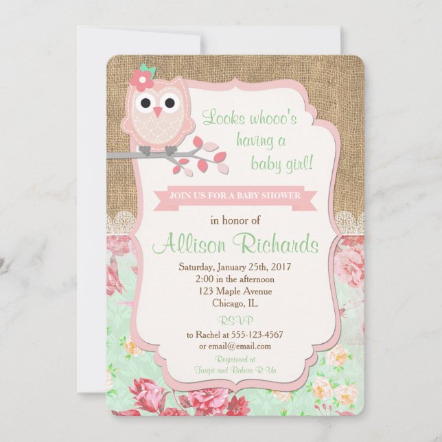 Owl baby shower invitation burlap lace mint pink (Front)