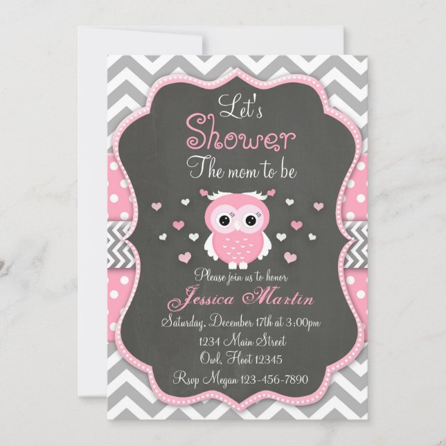 Owl Baby Shower Invitation, Chevron, Chalkboard Invitation (Front)