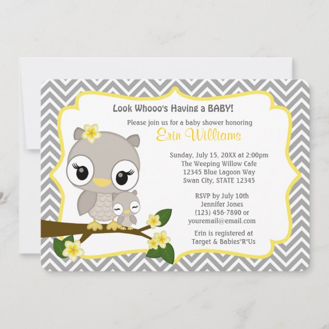 Owl Baby Shower invitation Chevron Gray Yellow 160 (Front)