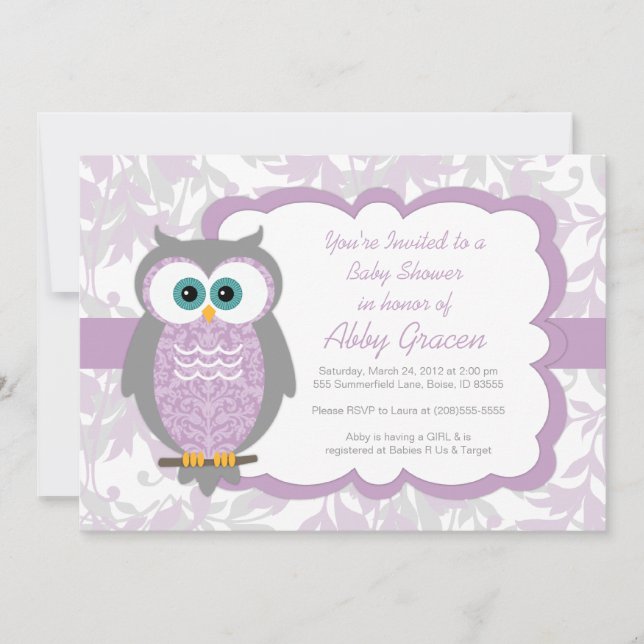 Owl Baby Shower Invitation for Girls, Purple - 730 (Front)