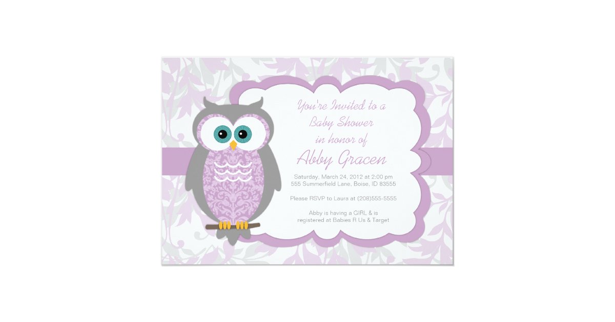 Owl Baby Shower Invitation For Girls Purple 730