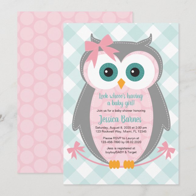 Owl baby shower invitation girl pink gray mint (Front/Back)