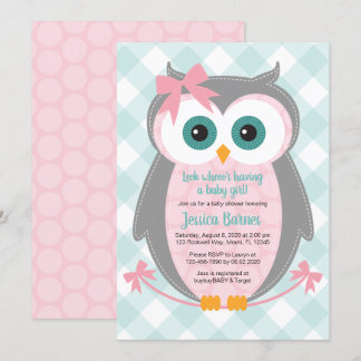 Owl baby shower invitation girl pink gray mint