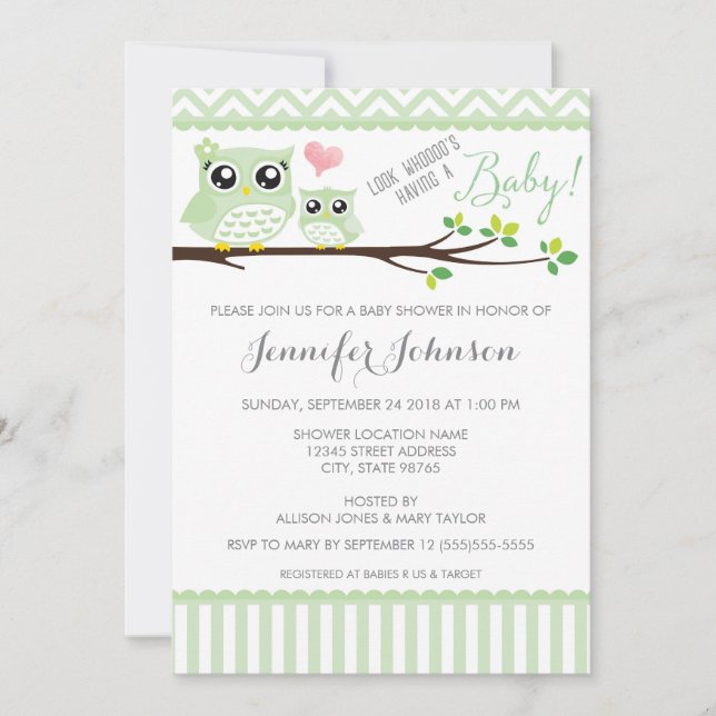 Owl Baby Shower Invitation | Green Chevron (Front)