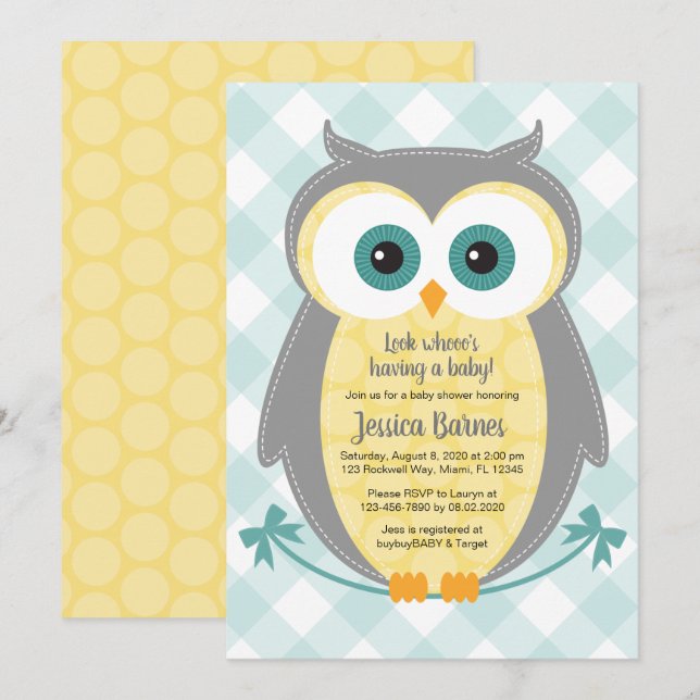 Owl baby shower invitation neutral yellow gray (Front/Back)