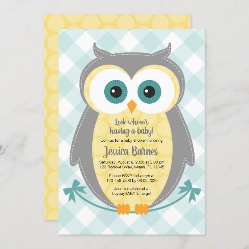 Owl baby shower invitation neutral yellow gray