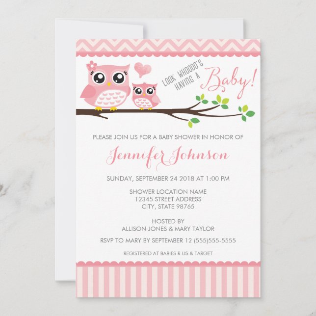 Owl Baby Shower Invitation | Pink Chevron | Girl (Front)