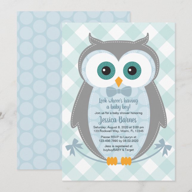 Owl baby shower invitation woodland boy blue gray (Front/Back)