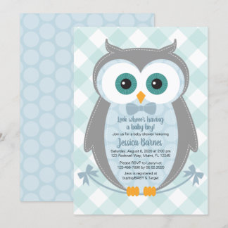 Owl baby shower invitation woodland boy blue gray